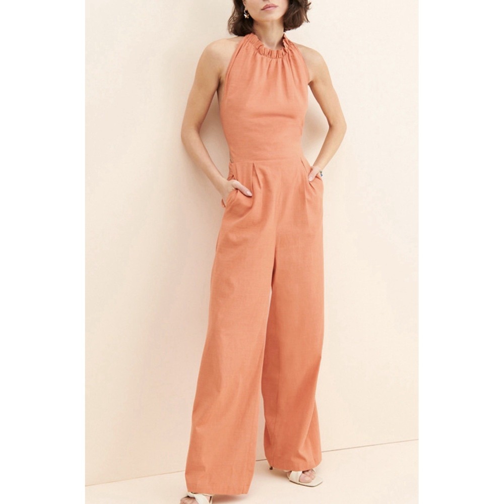 Glamorous Studio Halter Jumpsuit Linen Open Back Strappy Wide Leg Summer Resort